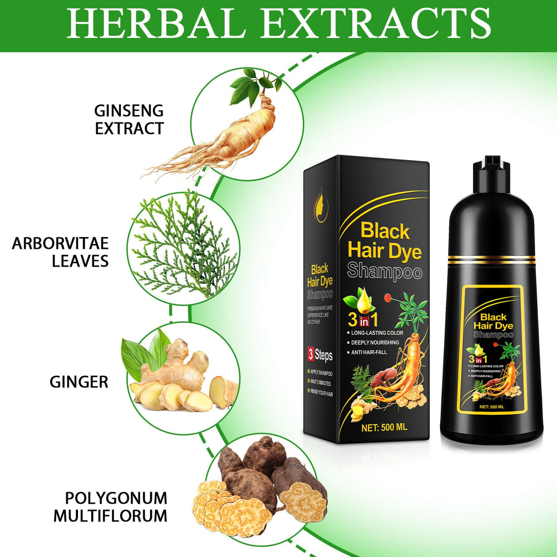 ALIVER Hair Dye Shampoo (Black) - 3-in-1 Natural Herbal Essence: Coloring, Nourishing, and Hair Growth Promoter - 500ml, Hypoallergenic and Harmless for Scalp Care