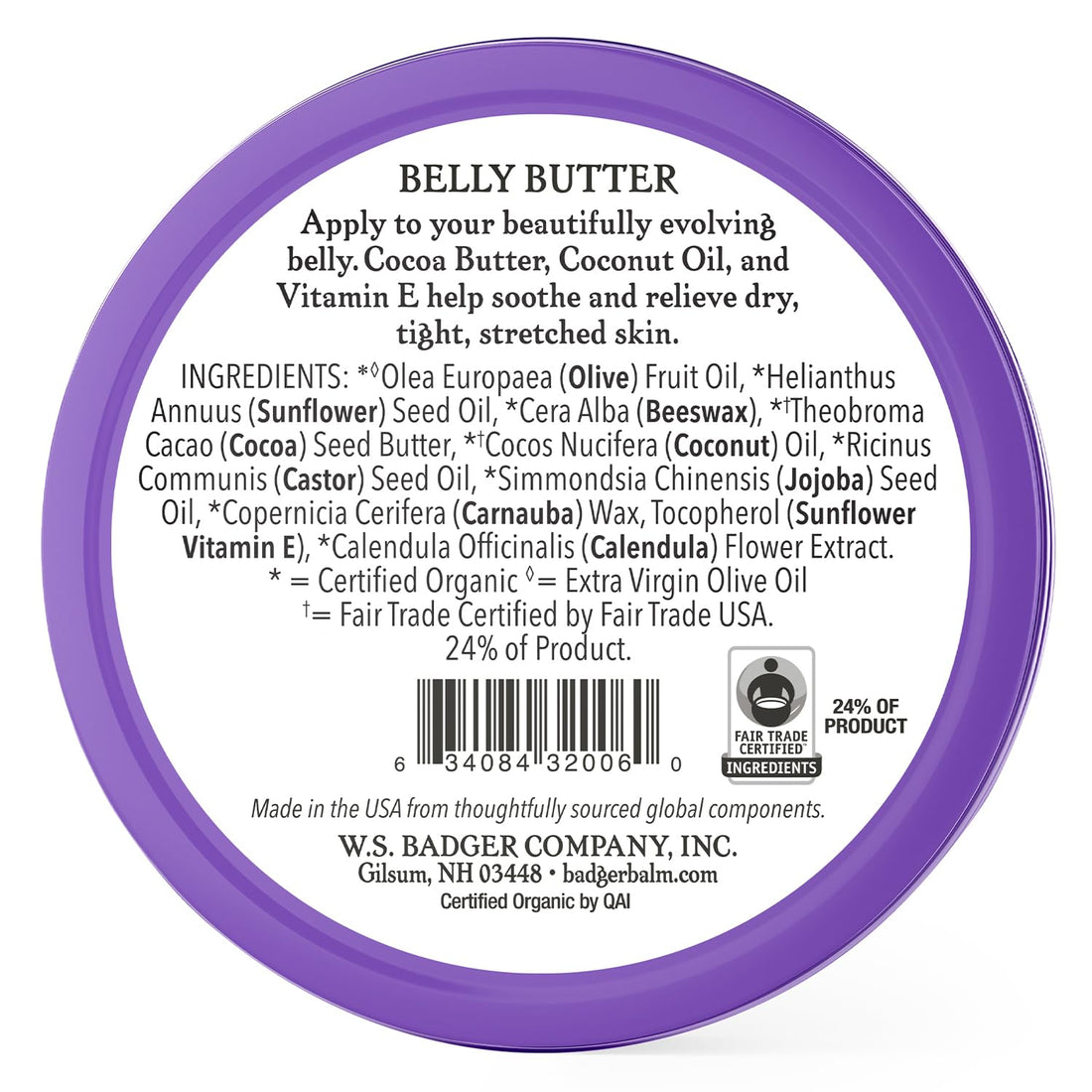 Badger Belly Butter, Organic Stretch Mark Cream for Pregnant Belly, Rich Hypoallergenic Moisturizing Organic Cocoa Butter & Coconut Body Butter for Women, 2 oz Tin