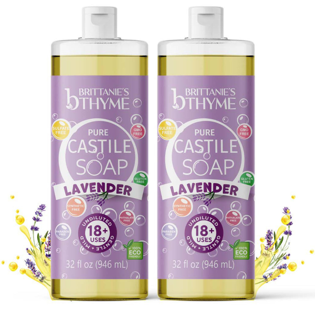 Brittanie's Thyme Pure Castile Liquid Soap Refill | For Hair & Body, Gentle and Pure, Made with Natural Luxurious Oils, Vegan & Gluten Free Non-GMO (Lavender, 32 oz (Pack of 2))