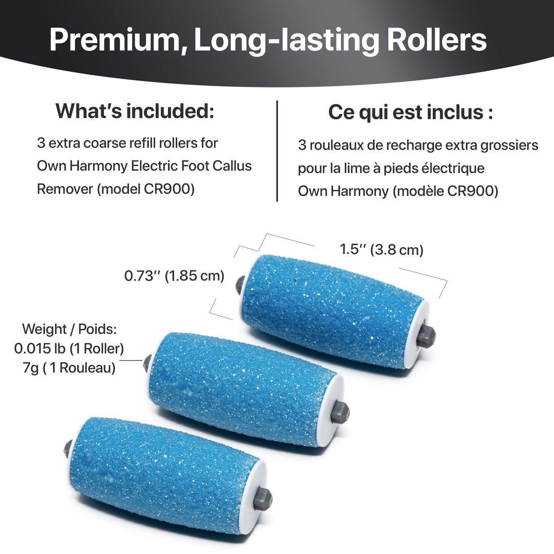 Extra Coarse 3 Refill Rollers by Own Harmony for Electric Callus Remover CR900 - Foot Care for Healthy Feet - Best Pedicure File Tools - Refills 3 Pack Extra Coarse Replacement Roller (Blue)