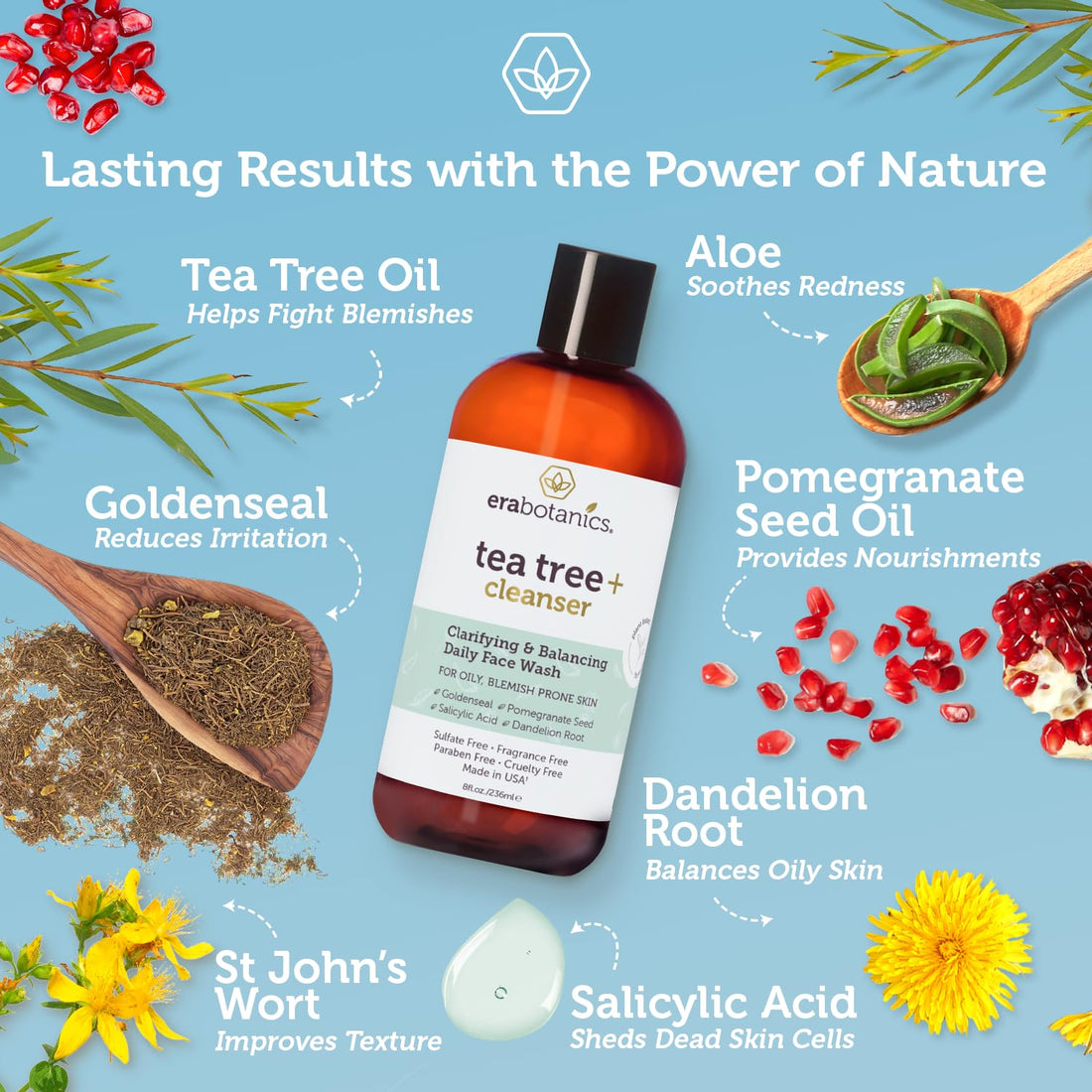 Tea Tree Oil Face Cleanser & Body Wash for Dry, Oily, Acne Prone Skin & Rosacea 8oz Natural & Organic Facial Wash to Moisturize, Nourish, Soothe Redness & Inflammation