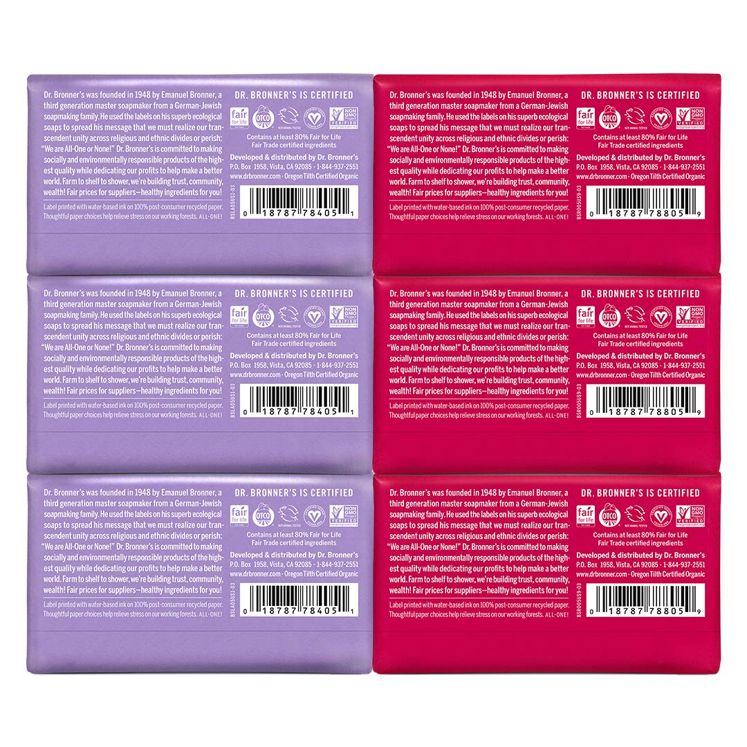Dr. Bronner’s Pure-Castile Bar Soap Bundle (6 Pack) – Lavender (3-5oz) & Rose (3-5 oz)