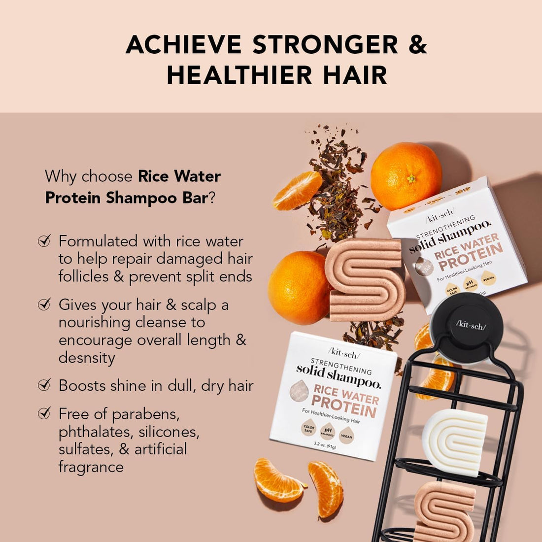 Kitsch Rice Bar Shampoo & Conditioner Set - Solid Shampoo & Conditioner Bar Set for Strengthening Hair, Paraben-Free, Rice Water Shampoo Bar & Conditioner Soap, Made in USA, 2pcs