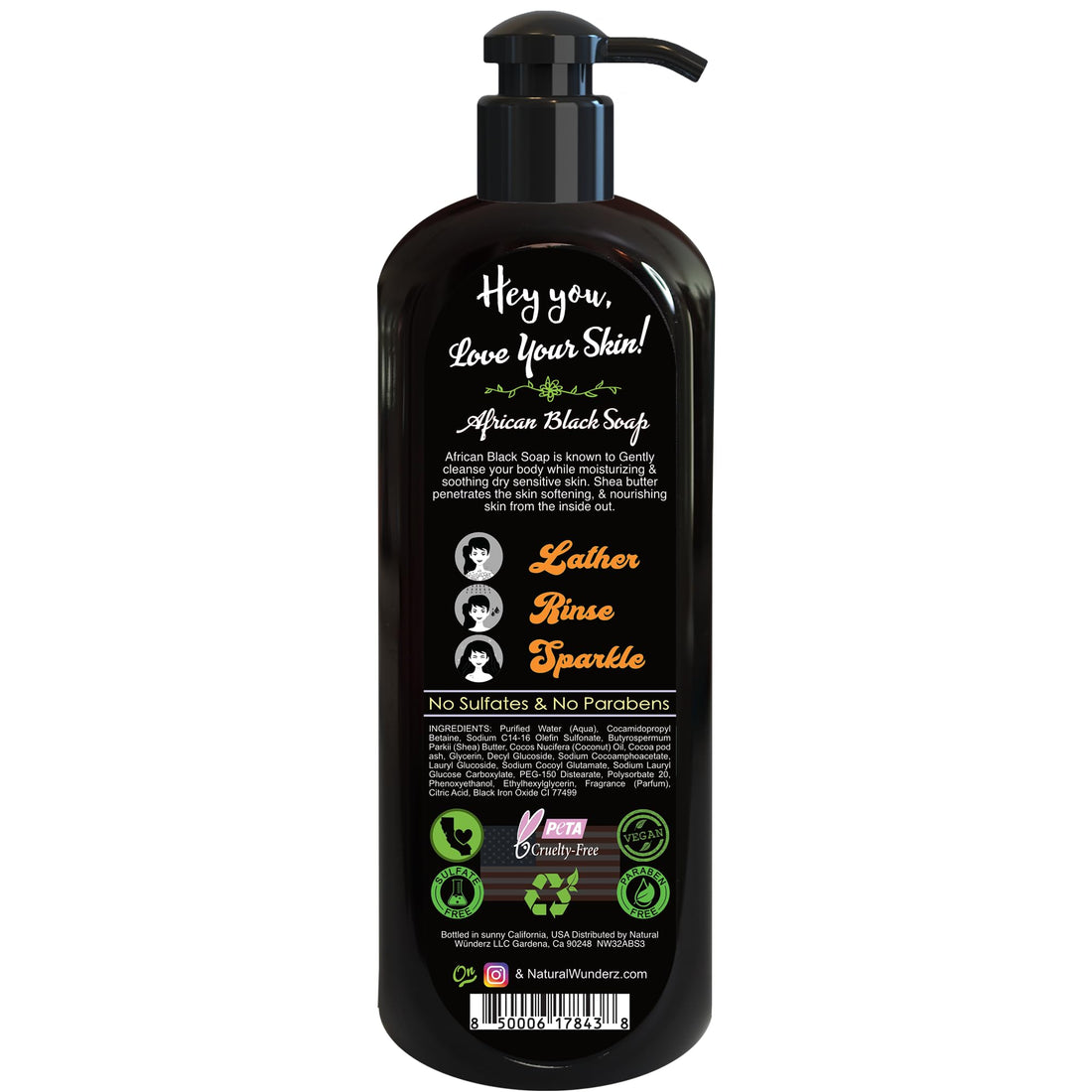 Natural Wunderz Body Wash with African Black Soap and Shea Butter, 32 Fl Oz Shower Gel, Promotes Acne Treatment, Contains All Natural Extracts, Vegan, and Sulfate-Free Body Scrub