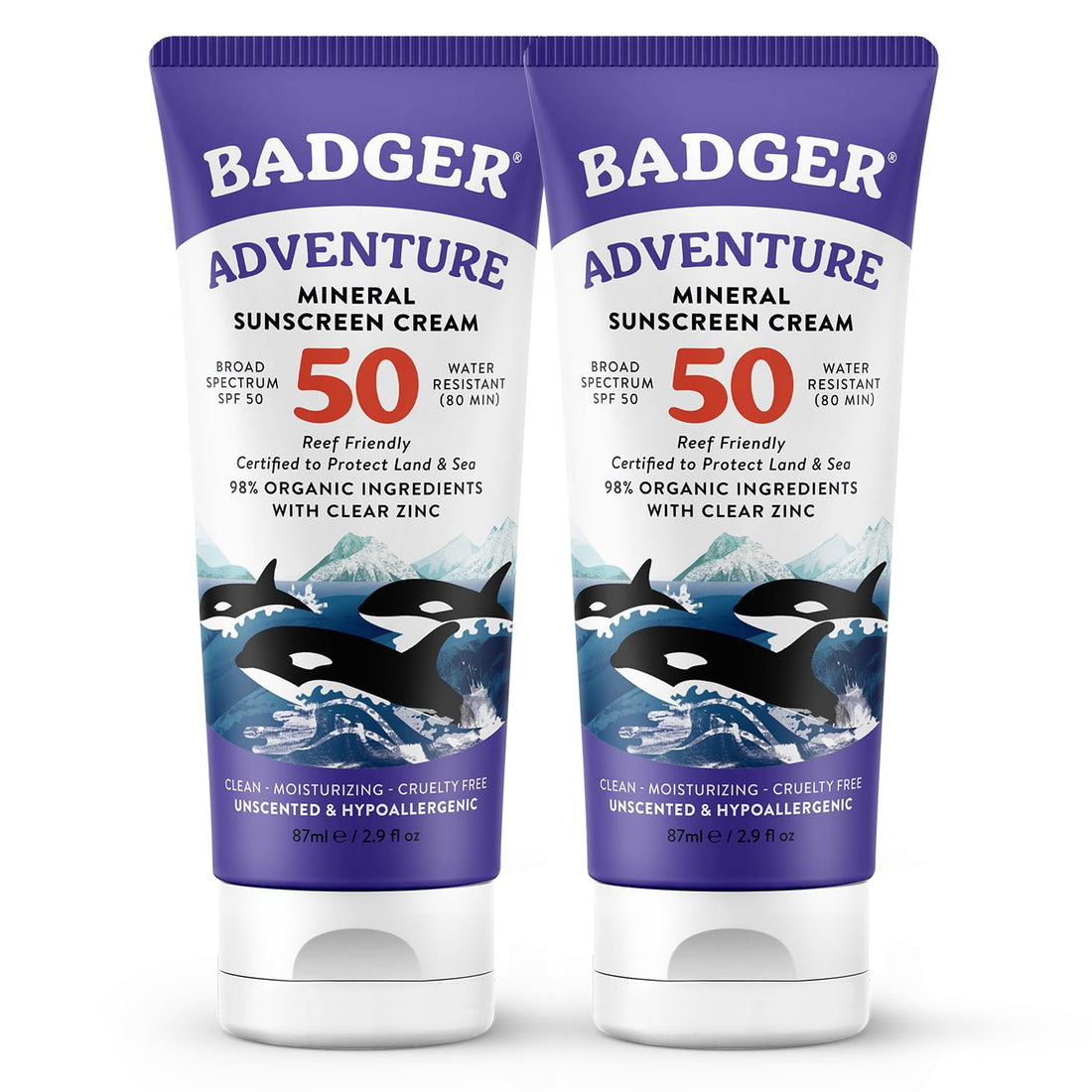 Badger Biodegradable Reef Safe Sunscreen, SPF 50 Unscented Zinc Oxide Sunscreen, 98% Organic Ingredients, Water Resistant Adventure Sport Sunblock, 2.9 fl oz, 2-Pack