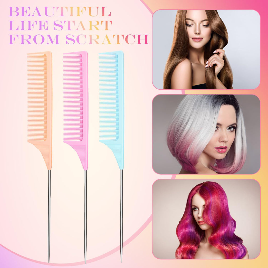 3 Packs Rat Tail Comb Steel Pin Rat Tail Carbon Fiber Heat Resistant Teasing Combs with Stainless Steel Pintail (Light Blue, Light Pink, Light Purple)
