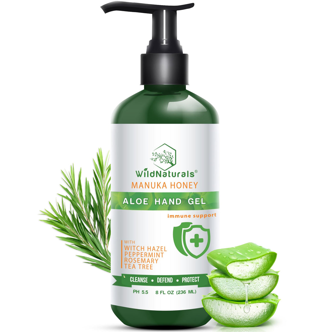 Wild Naturals Pure Aloe Vera Gel Hand Cleaner - 100% Aloe Vera Gel Organic with Manuka Honey, Witch Hazel, Peppermint, Oregano, Rosemary, & Cleansing Tea Tree - Organic Waterless Purifying Wash