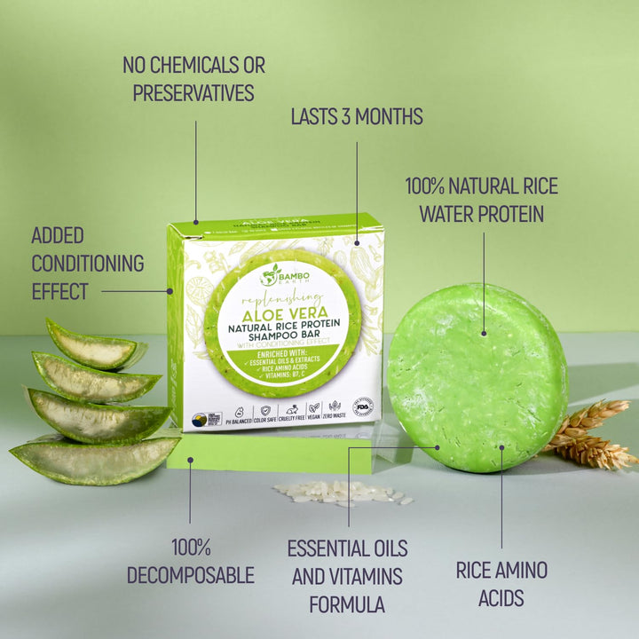 BAMBOEARTH Solid Rice Protein Water Shampoo Bar With Conditioner Effect Hair Soap – Shampoo Bars For Hair With All Natural Plant Based Essential Oils And Zero Waste Packaging (Aloe Vera)
