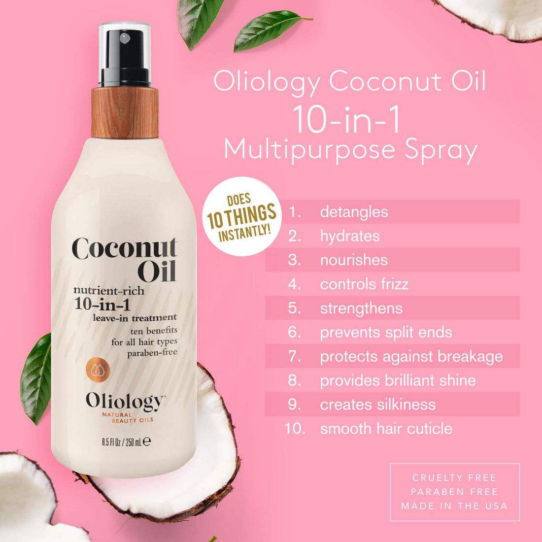 Oliology Coconut Oil 10-in-1 Multipurpose Spray, Leave In Treatment for All Hair Types, 4 Oz (2 Pack)