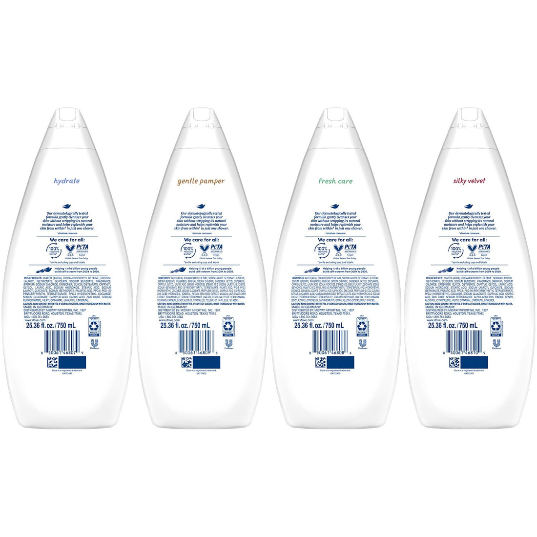 Dove Body Wash Value-Size Variety 6-Pack – Hydrate, Gentle Pamper, Fresh Care, and Silky Velvet, Family Size, 25.36 Oz Ea