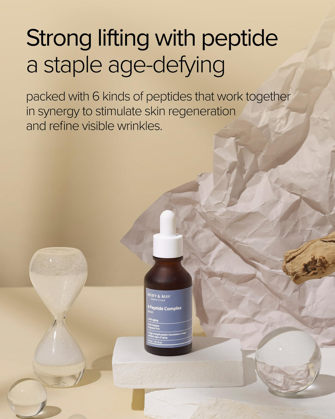 Mary&May 6 Peptide Complex Serum - Advanced Wrinkle Improvement with Firming and Lifting Effects - Korean Skincare - Fragrance Free, Hypoallergenic, Quick Absorbing, 1.01oz.