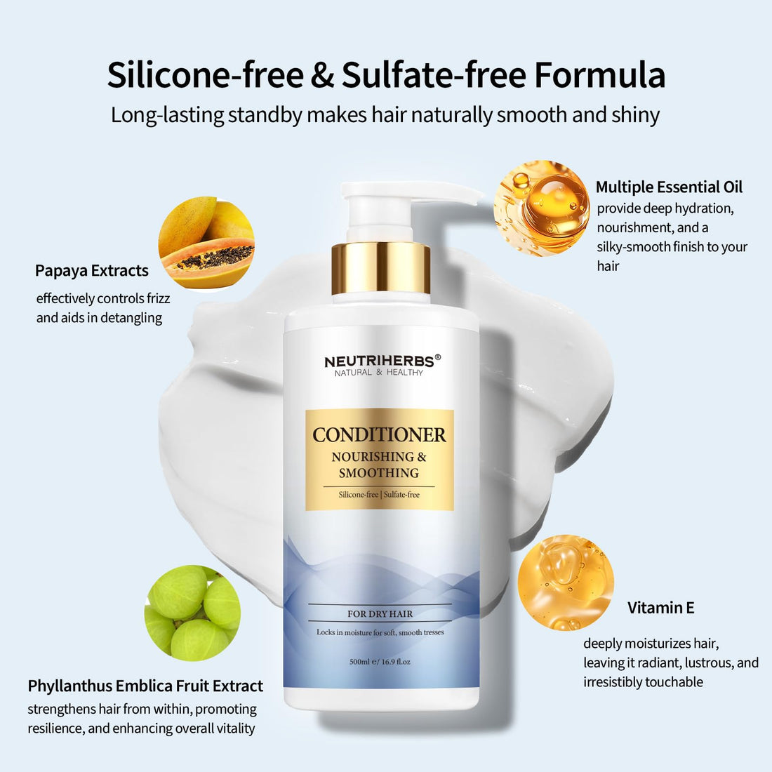 Neutriherbs Hair Conditioner for Dry, Frizzy Hair,Smoothing and Nourishing Hair Conditioner with Argon Oil,Sweet Almond Oil,Avocado Oil - 16.9 Fl Oz