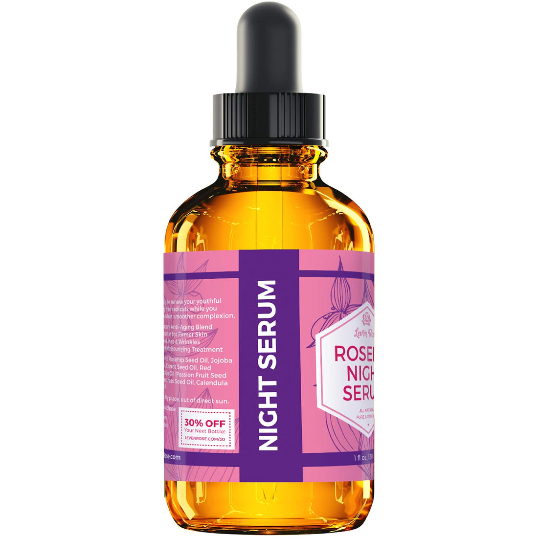 Leven Rose Rosehip Oil Night Face Serum, 100% Pure Organic Natural Rose Hip Oil Serum for Dry Skin 1 oz