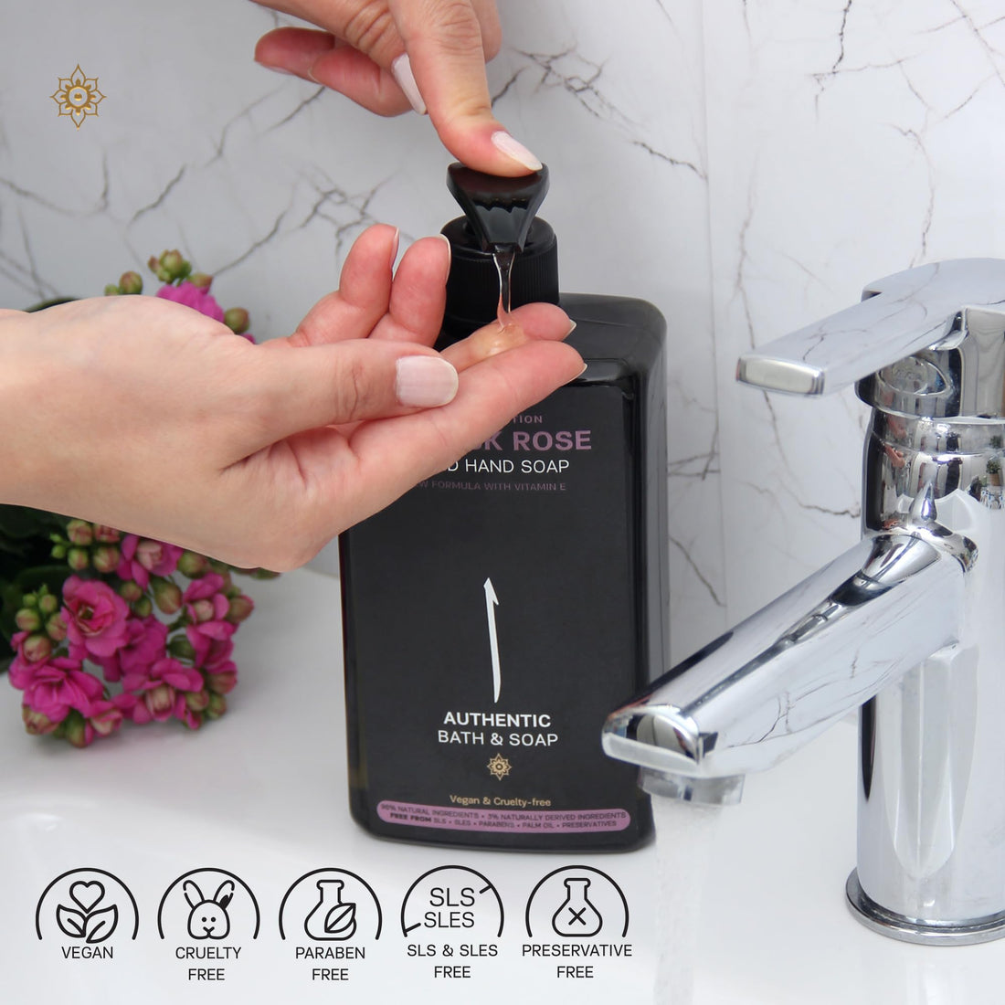 AUTHENTIC BATH & SOAP Natural - Damask Rose Oil Liquid Hand Soap - Hydrating Handsoap for All Skin Types, Hand Wash with Vitamin E, Cruelty-Free, Vegan, no Sulfate, Palm Oil Free 16.9 Fl Oz