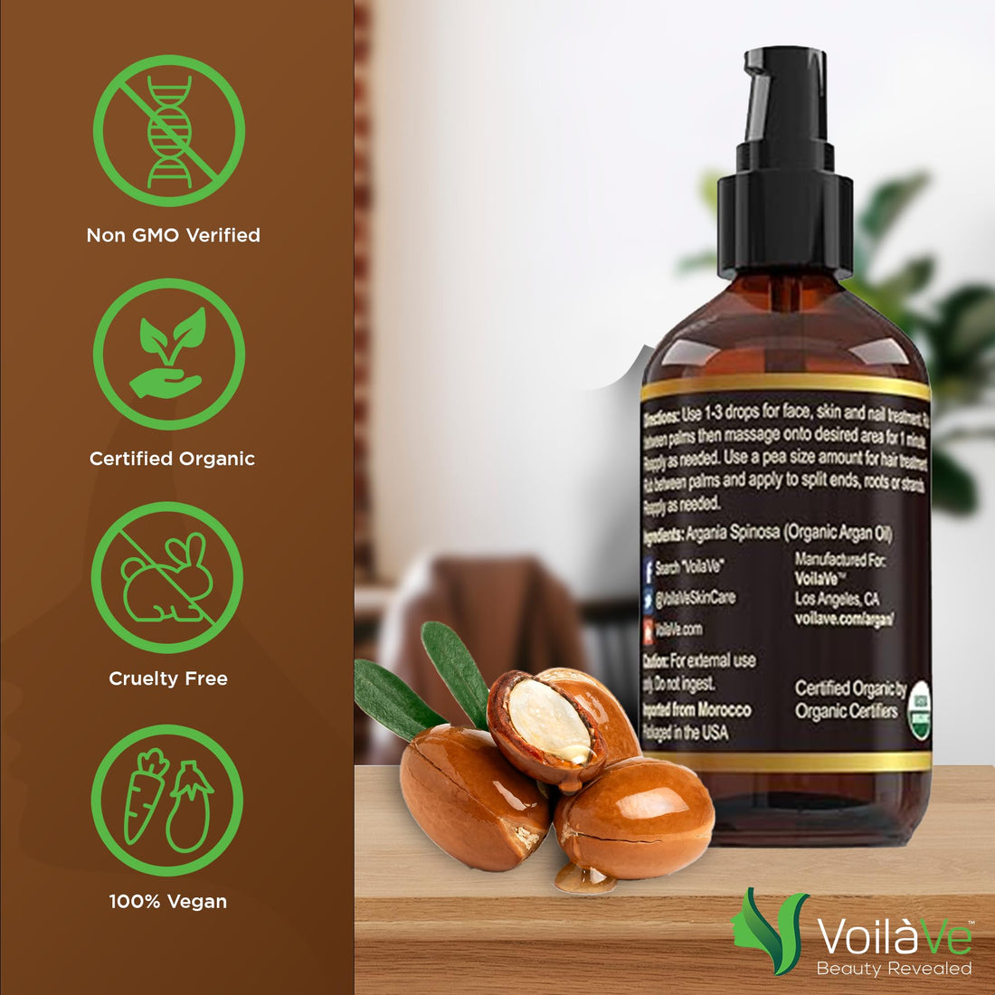 VoilaVe USDA and ECOCERT 100% Pure Organic Moroccan Argan Oil for Skin, Nails & Hair Growth, Anti-Aging Face Moisturizer, Cold Pressed, Hair Moisturizer, Rich in Vitamin E, As Seen On TV - 4 fl oz