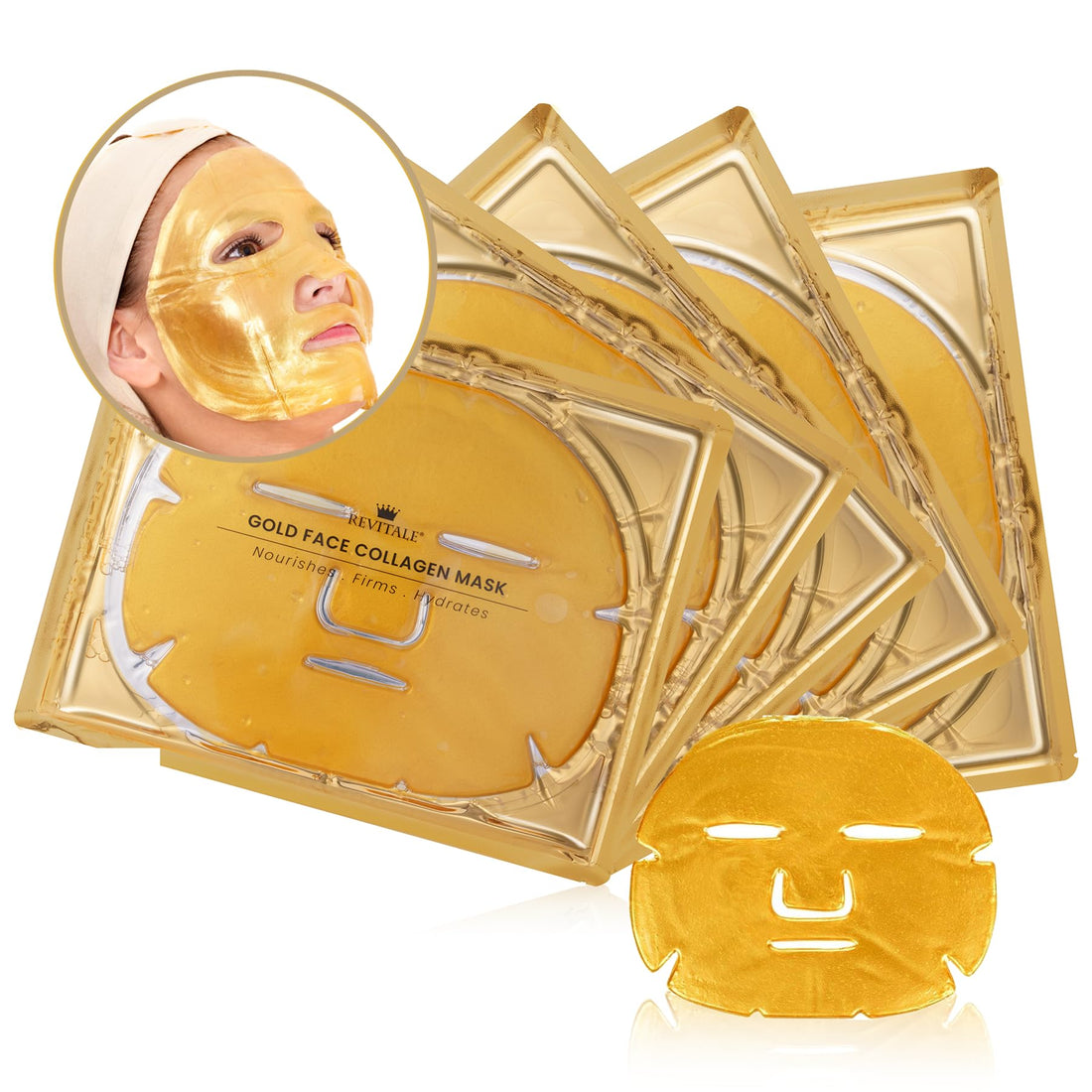 REVITALE 24K Gold Face Mask (5 Pack) - Hydrating & Nourishing Sheet with Collagen and Natural Extracts for Radiant, Moisturised Skin
