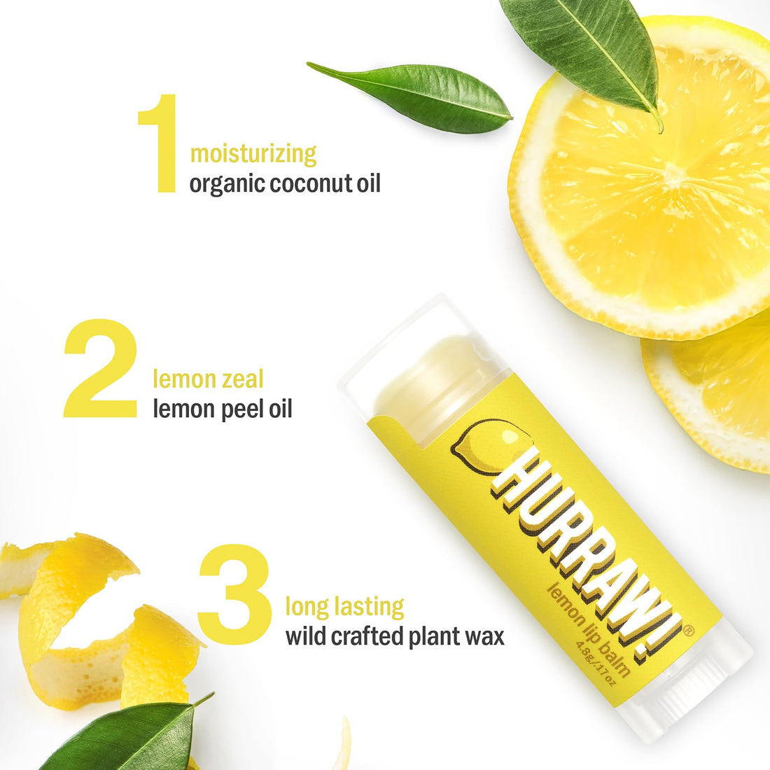 Hurraw! Lemon Lip Balm: Organic, Certified Vegan, Cruelty and Gluten Free. Non-GMO, 100% Natural Ingredients. Bee, Shea, Soy and Palm Free. Made in USA