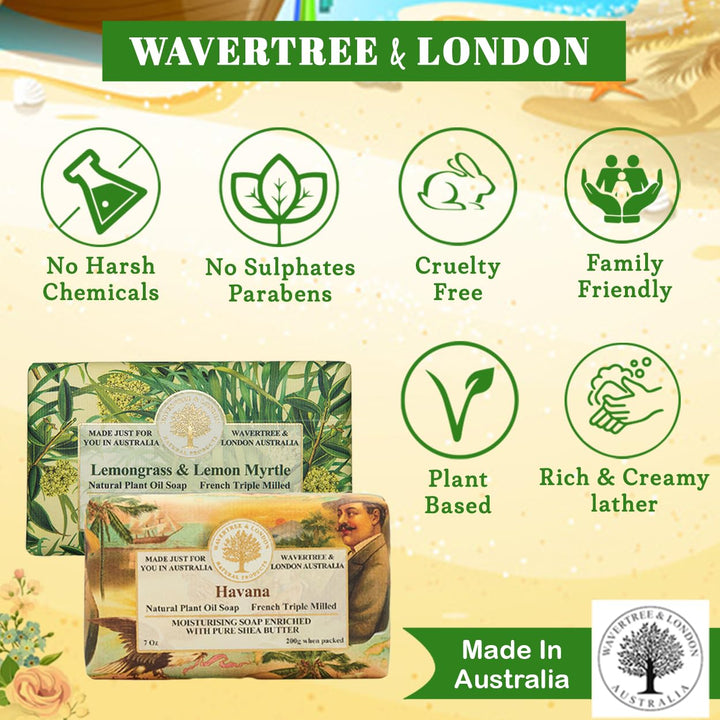 Wavertree & London Duo Gift Box (2 Bars) - 7oz Havana and Lemongrass & Lemon Myrtle Scented Triple Milled Natural Soap Bars - Pure Plant Oil Soap Bars for All Skin Types