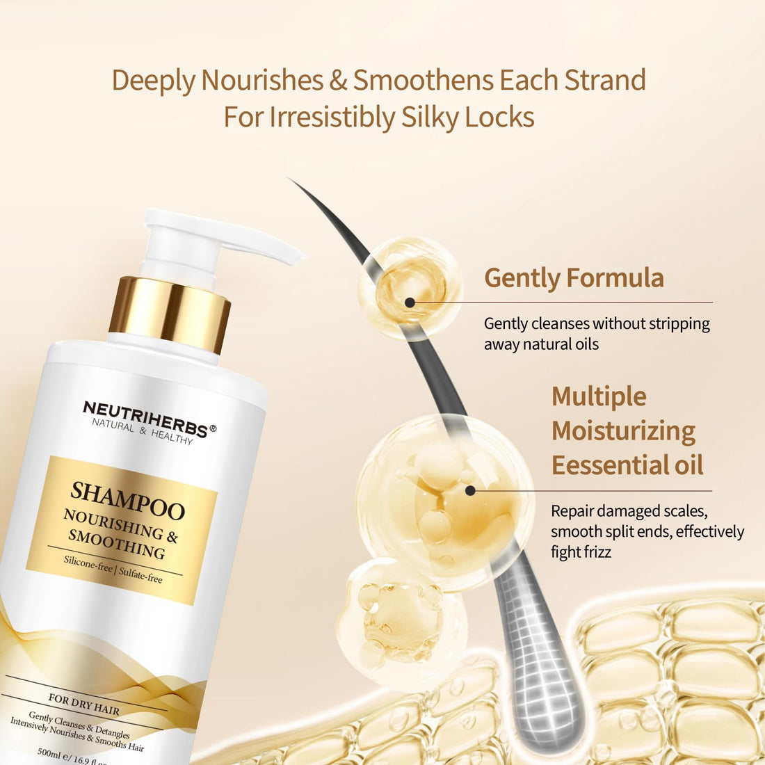 Neutriherbs Shampoo For Dry, Frizzy,Furious and Split Hair, Nourish, Smooth Hair Wash With Essential Oil - 16.9 Fl Oz