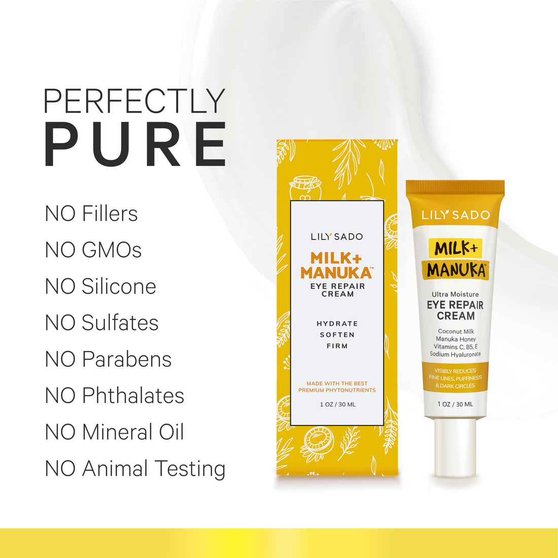 LILY SADO MILK+MANUKA™ Eye Repair Cream - Anti-Aging Natural Gentle Formula w/Coconut Milk, Manuka Honey, Sodium Hyaluronate & VITS C, B5 & E - Prevents Puffiness, Under-eye Wrinkles & Eye Bags - 1oz