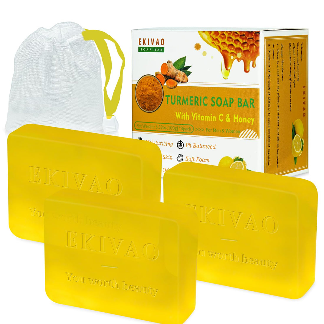 EKIVAO 3Packs Best Turmeric Soap Bar, Organic Tumeric Soap for Face and Body, Honey Lemon Turmeric bar Soap with Vitamin C, E, CitrusTurmeric Soap Face Wash for Smoothing, Moisturizing skin
