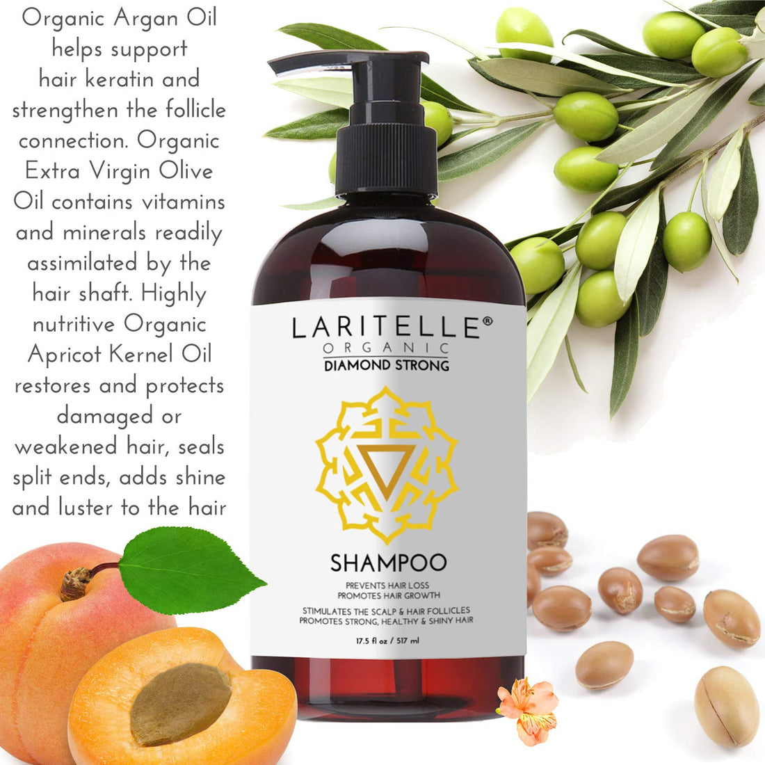 Laritelle Organic Shampoo 17.5 oz. Argan Oil, Ginger, Cedarwood. Promotes Hair Growth, Prevents Hair Loss. GF