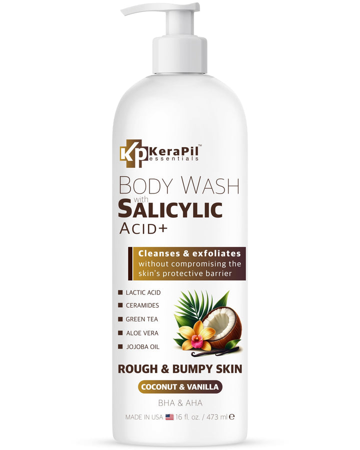 KERAPIL Exfoliating Body Wash with Salicylic Acid - No Dry Out, Gentle Exfoliates Rough and Bumpy Skin, Body Acne Wash, BHA & AHA - Coconut and Vanilla Salicylic Acid Body Wash - (16 fl oz)