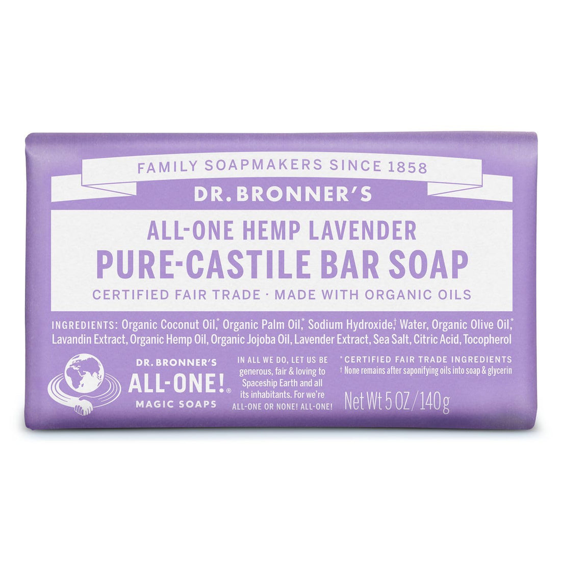 Dr. Bronner's - Pure-Castile Bar Soap (Lavender, 5 ounce) - Made with Organic Oils, For Face, Body and Hair, Gentle and Moisturizing, Biodegradable, Vegan, Cruelty-free, Non-GMO