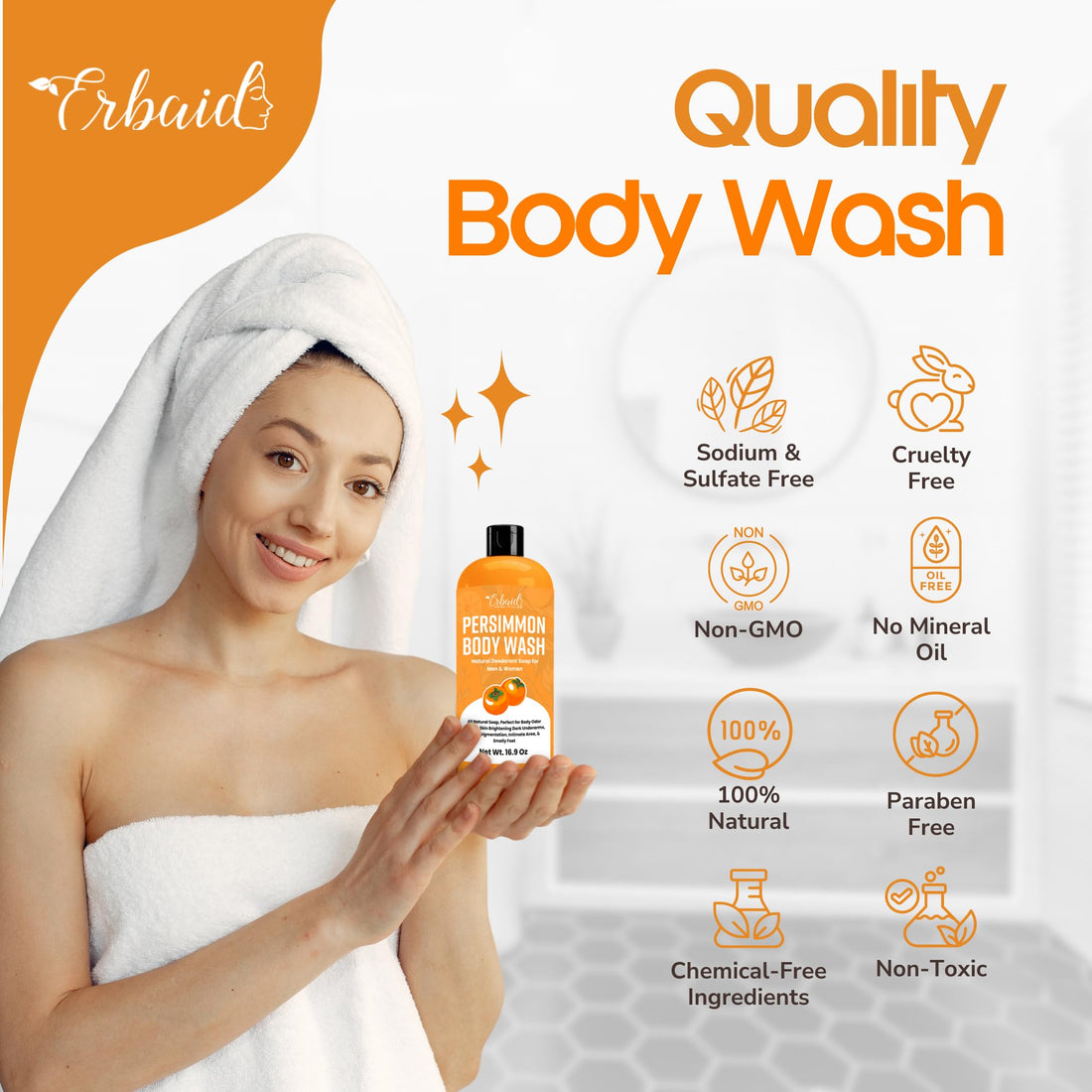 Healov Persimmon Body Wash for Body Odor Control – Natural Deodorant Soap for Eliminating Odor – Underarms, Intimate Inner Thigh, Bikini Area, Smelly Feet – Purifying Deodorizing Soap, Kids Safe