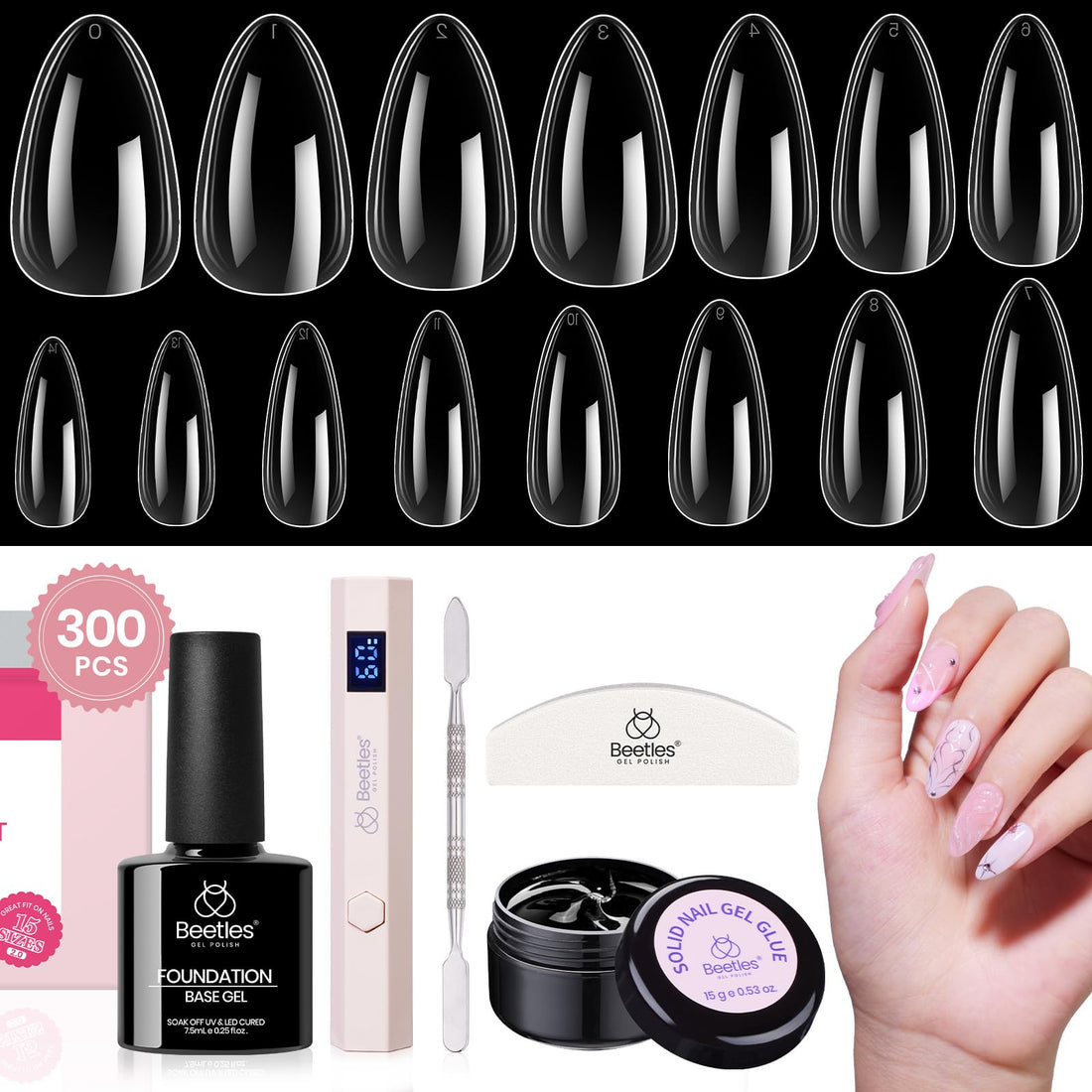 Beetles Gel Nail Kit, 300Pcs Almond Medium Nail Tips with Solid Nail Gel Glue,15 Sizes Soft Clear Nail Tips with Base Coat, Handheld Nail Lamp, Easy Nail Extension Set DIY Manicure Art Gift for Girls