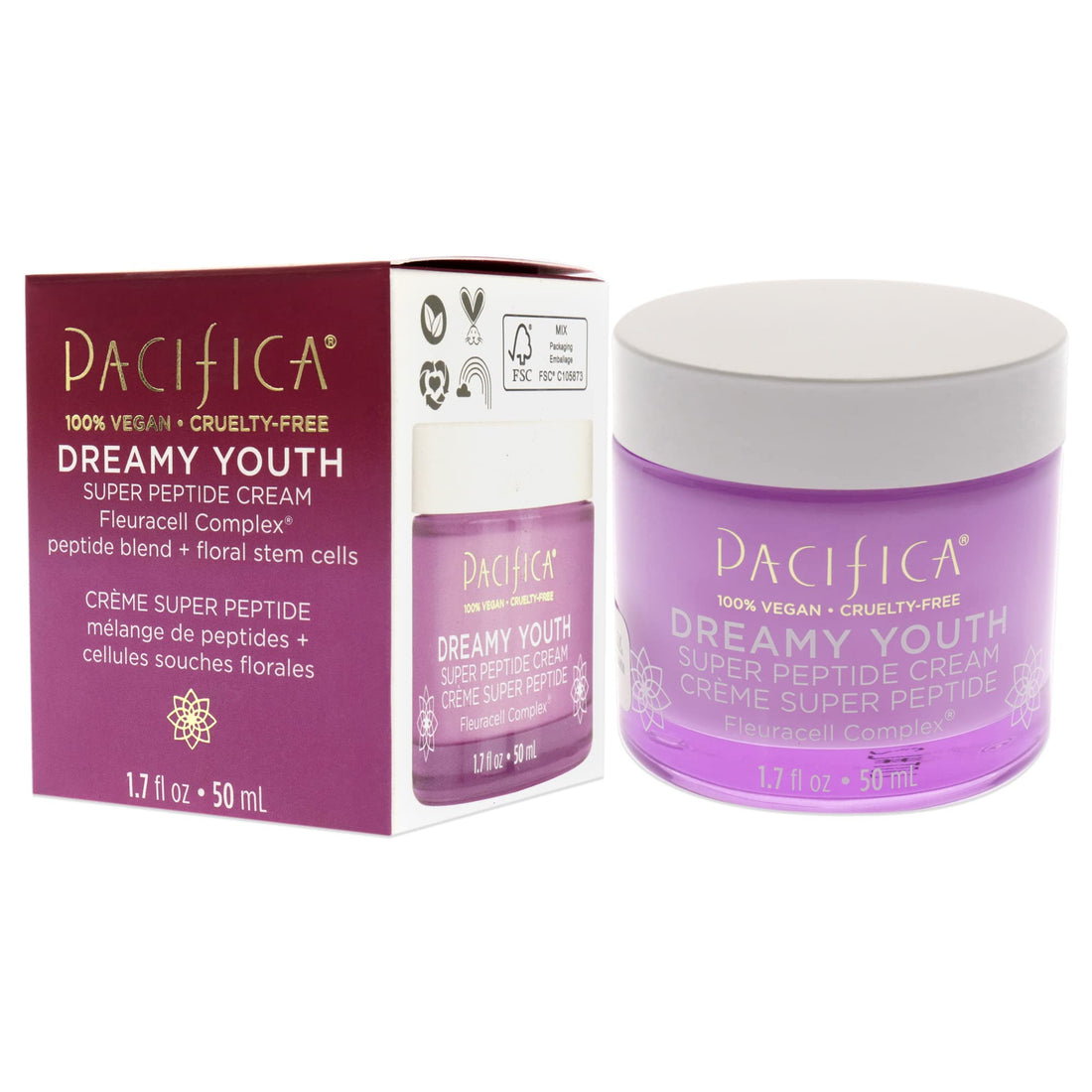 Pacifica Beauty, Dreamy Youth Super Peptide Daily Facial Cream, Moisturizer, Made with Floral Stem Cells & Peptides, For All and Aging Skin Types, Silicone Free, Clean Skin Care, Vegan + Cruelty Free