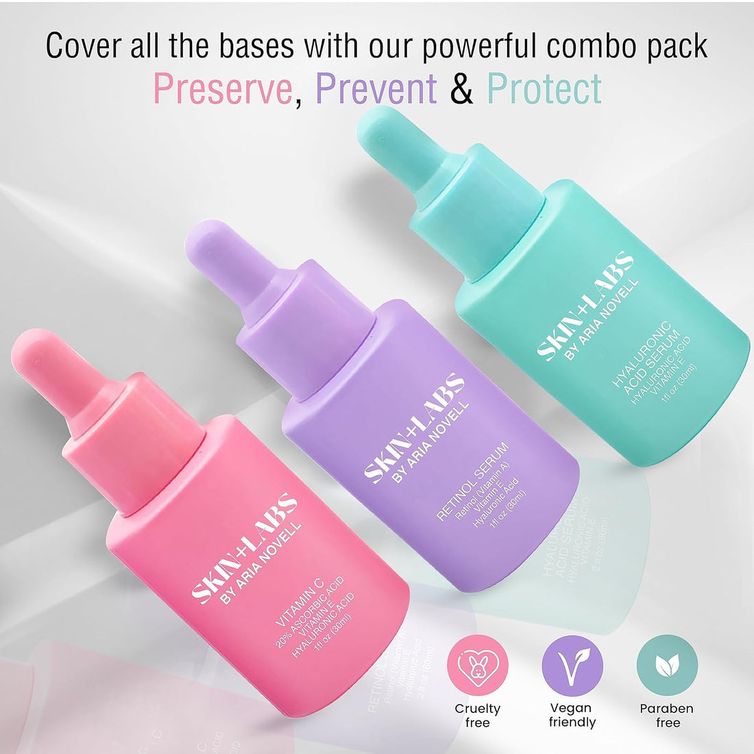 Skin+Labs by Aria Novell Skincare Bundle - Set of 3 Skin Care Set With Vitamin C, Retinol, Hyaluronic Acid Serum - Facial Care Solutions For Brightening, Lifting Fine Lines & Wrinkles, Hydrating Skin