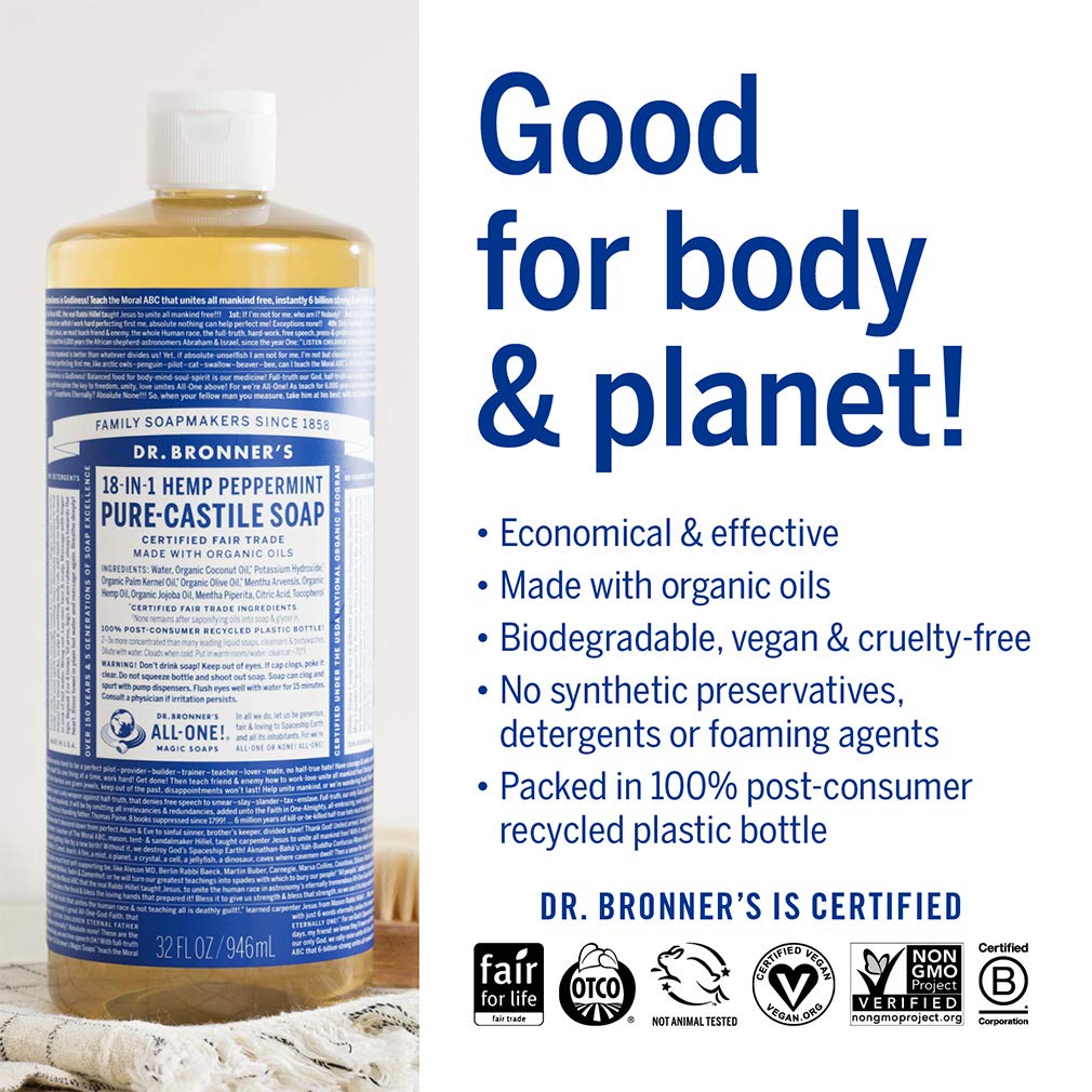Dr. Bronner's - Pure-Castile Liquid Soap (Peppermint, 32 ounce) - Made with Organic Oils, 18-in-1 Uses: Face, Body, Hair, Laundry, Pets and Dishes, Concentrated, Vegan, Non-GMO