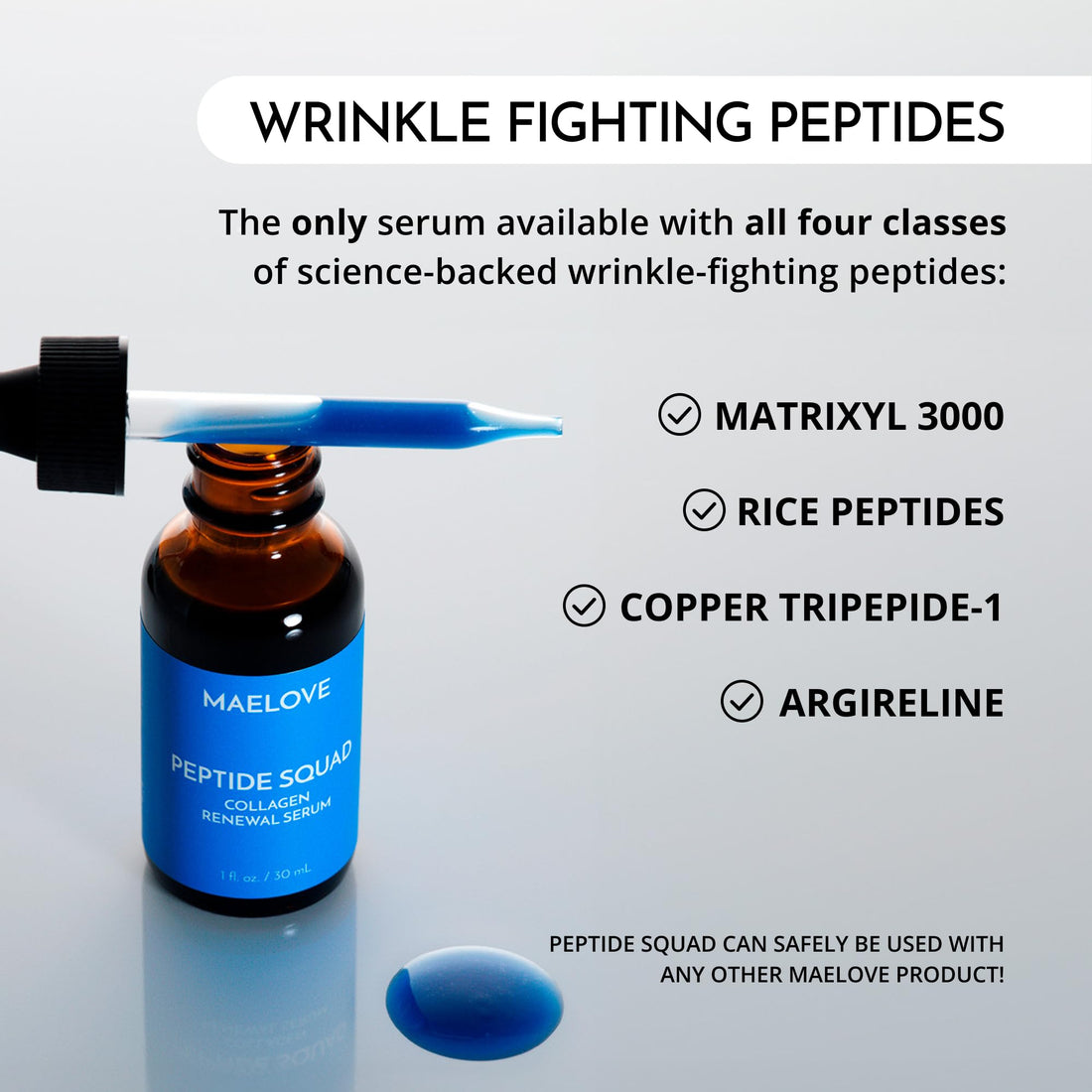 MAELOVE Peptide Squad Collagen Renewal Serum with Copper Peptides, Argireline, Matrixyl 3000 + Hyaluronic Acid and Niacinamide for Wrinkles, Fine Lines, and Skin Elasticity