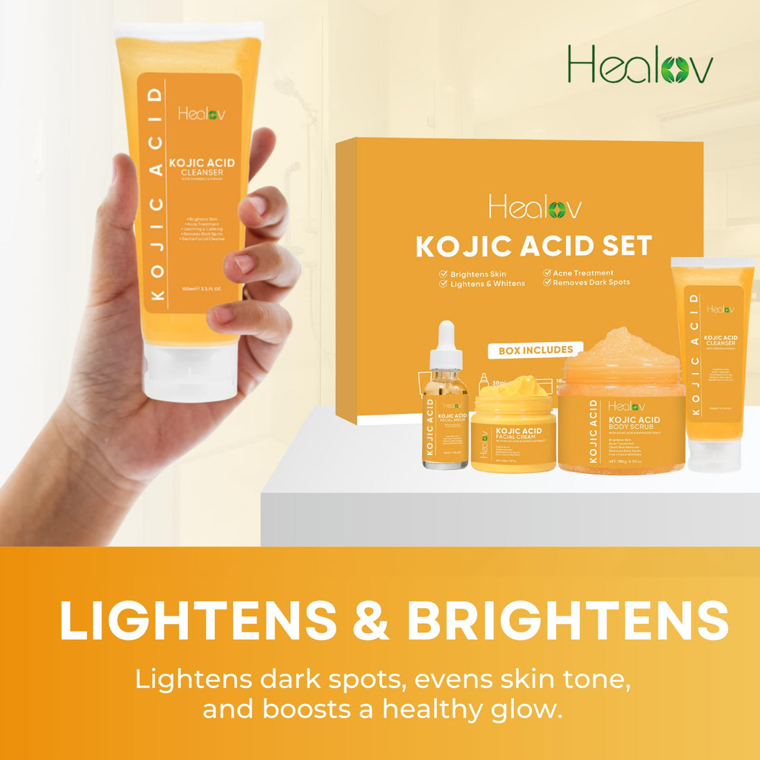 Kojic Acid Skincare Set – Kojic Soap Cleanser, Exfoliating Body Scrub, Face Cream & Brightening Facial Serum – Skin Brightening Hyperpigmentation Treatment, Dark Spot Corrector – with Turmeric Papaya