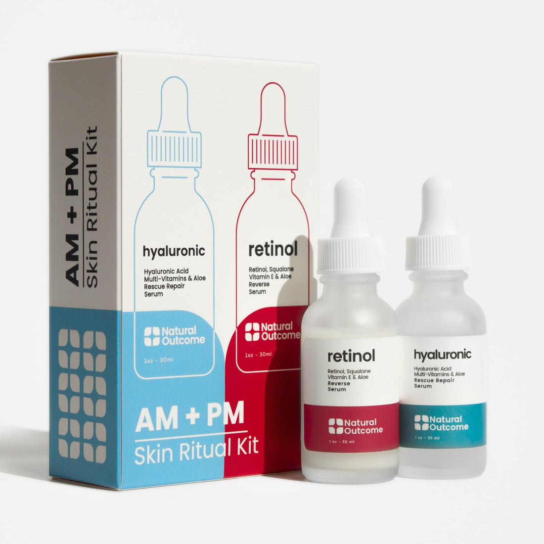 Natural Outcome Hydrating Hyaluronic Acid Serum and Retinol Facial Serum - Night and Day Anti Aging Facial Serum Set 1 oz Each, Vegan, Cruelty Free & Fragrance Free