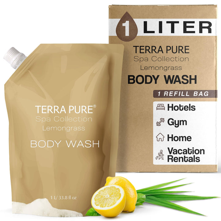 Terra Pure Spa Collection 1 Liter Body Wash Refill Bag For Soap Dispensers | Bulk Toiletries for Vacation Rentals, and Home Bathroom Showers | Green Tea Lemongrass | Single