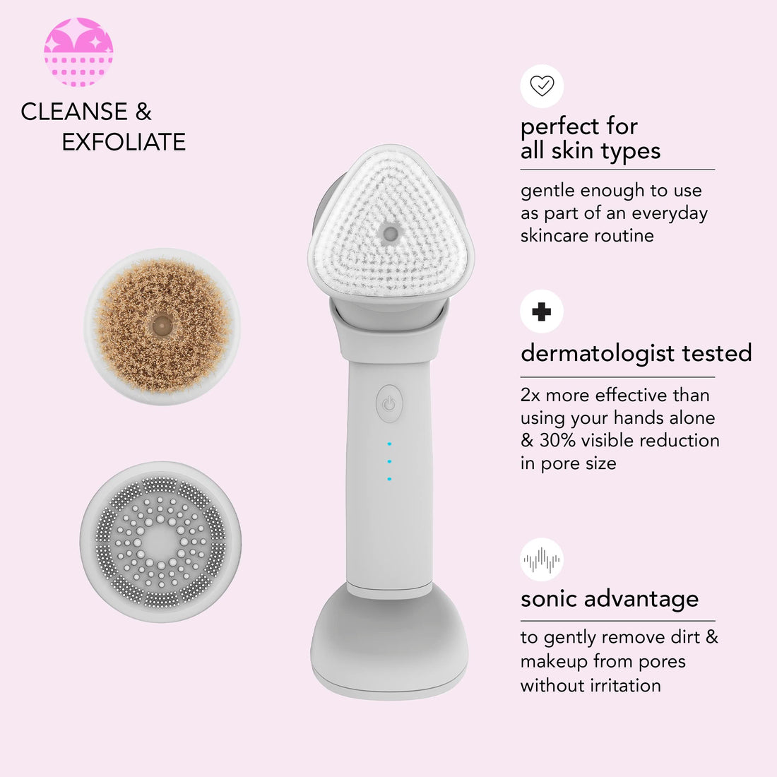 SKN by Conair Daily Glow Sonic Facial Brush, All-in-One Facial Brush Includes 3 Interchangeable Attachments for Complete Cleansing, Exfoliation, and Rejuvenation