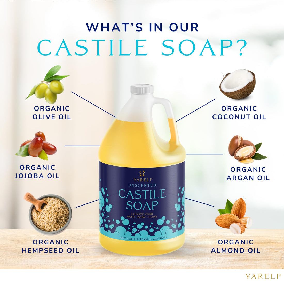 YARELI Pure Castile Soap Liquid, Unscented, with All Organic Oils for Adults, Kids and Babies as Body Wash or Hand Soap, 64oz Refill