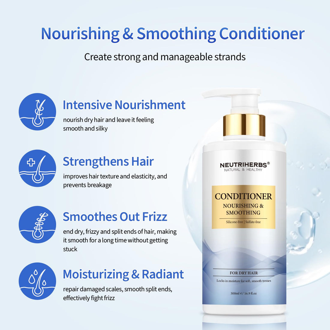 Neutriherbs Hair Conditioner for Dry, Frizzy Hair,Smoothing and Nourishing Hair Conditioner with Argon Oil,Sweet Almond Oil,Avocado Oil - 16.9 Fl Oz