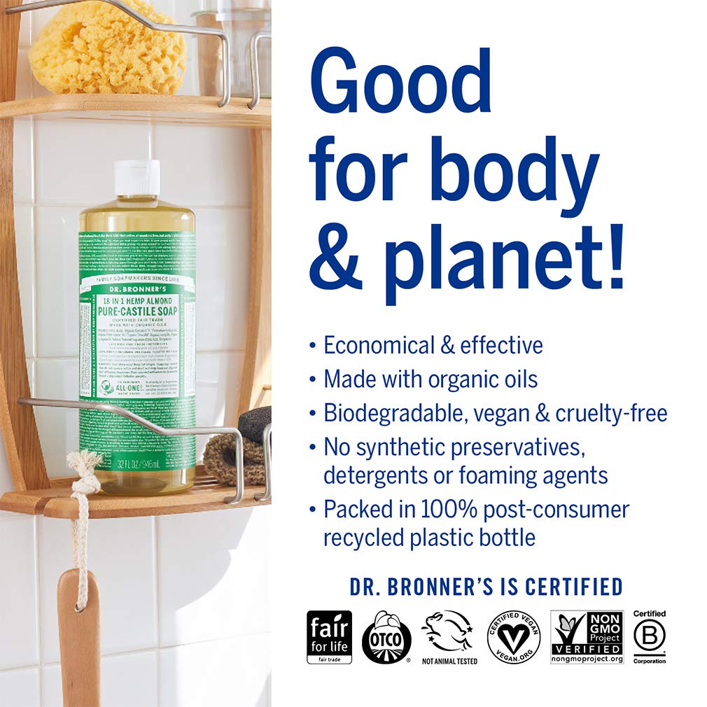 Dr. Bronner’s - Pure-Castile Liquid Soap (Almond, 1 Gallon) - Made with Organic Oils, 18-in-1 Uses: Face, Body, Hair, Laundry, Pets and Dishes, Concentrated, Vegan, Non-GMO