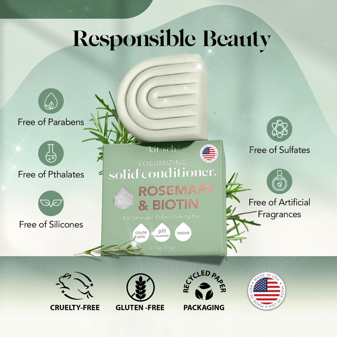 Kitsch Rosemary & Biotin Natural Hair Conditioner Bar, Organic, Vegan, Volumizing, Hydrating & Cleansing Conditioner for Curly or Straight Hair, Plastic, Paraben & Sulfate Free, Eco Friendly, 2.7 oz
