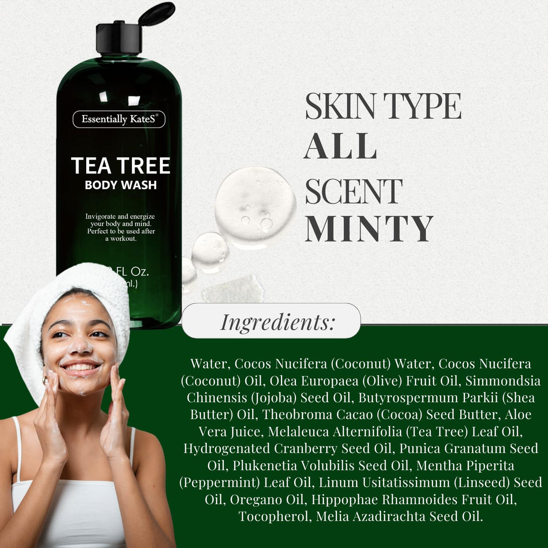 Essentially KateS Tea Tree Body Wash 16.9 fl oz - 100% Natural - Fights Body Odor & Irritation - Helps Athletes Foot, Ringworms, Jock Itch, Acne, & Eczema