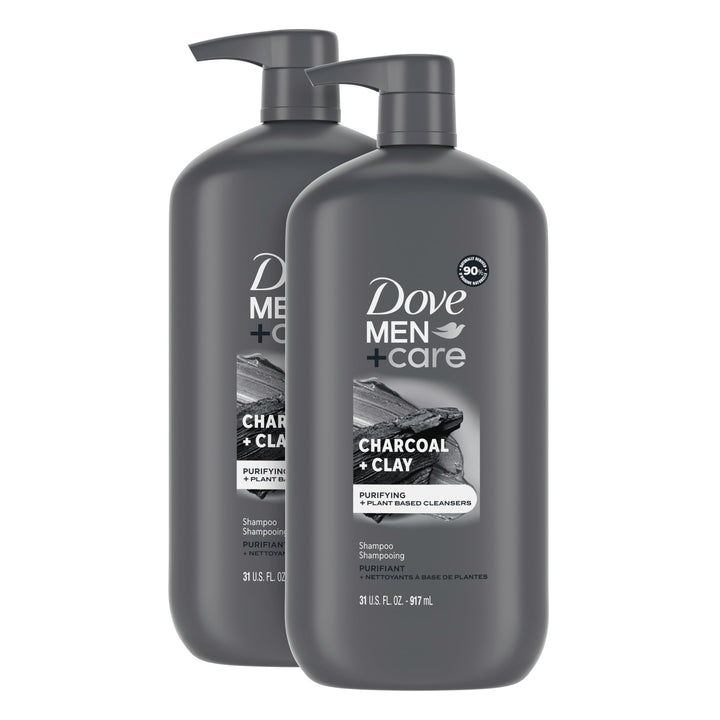 DOVE MEN + CARE Purifying Shampoo Charcoal + Clay 2 Pk for Stronger, More Resilient Hair, with Plant-Based Cleansers, 31 oz
