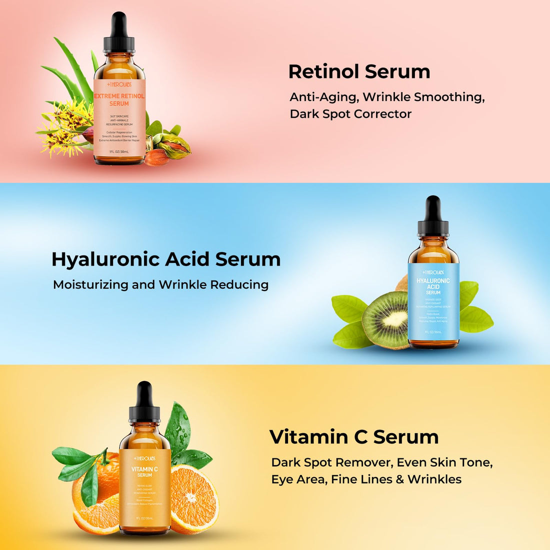 Facial Skin Care Set– Retinol Serum, Vitamin C & Hyaluronic Acid for Face – Anti Aging Face Serum Set for Women – Firm, Wrinkle Smoothing, Dark Spot Corrector, Brighten Dullness