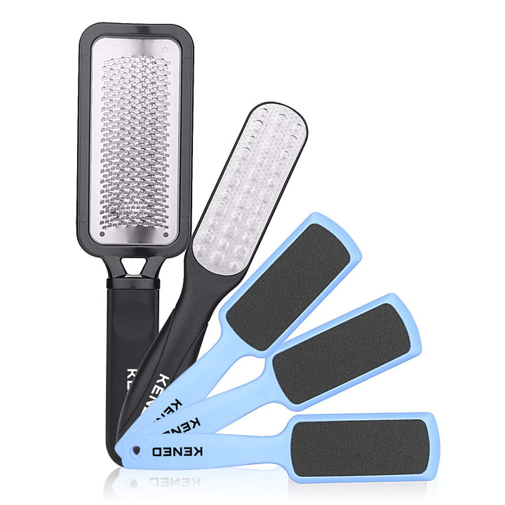 Foot Scrubber Pedicure Tools Rasp - 5 PCS KENED Foot File Callus Remover For Feet To Remove Hard Skin - 2 X Stainless Steel Black, 3 X Plastic Blue