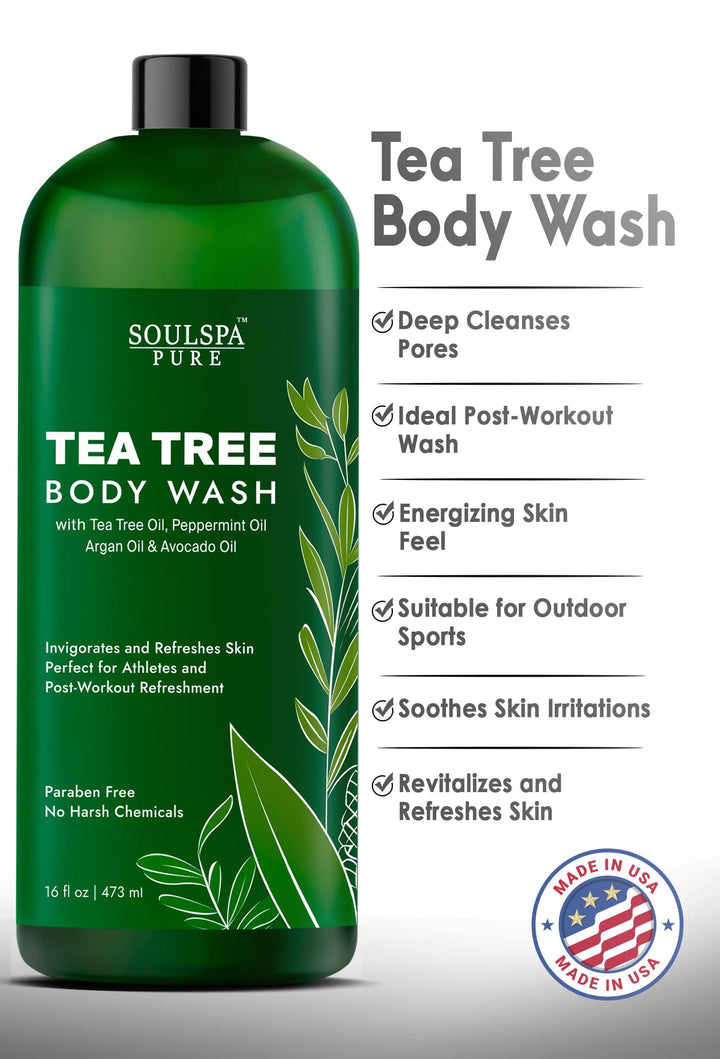 SOULSPA PURE Tea Tree Body Wash Men & Women - Shower Gel Soap with Peppermint - Helps with Body Odor, Soothes Itching, Deep Cleansing Post Workouts - 16 fl oz x 2