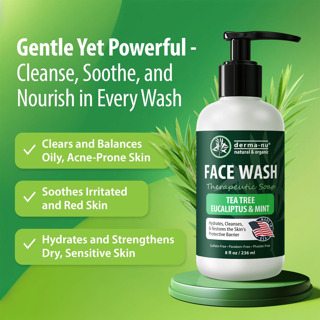 Gentle Face Wash for Men & Women – Hydrating Facial Cleanser for Eczema, Psoriasis & Sensitive Skin – Fights Redness, Oil & Breakouts – pH-Balanced & Perfect for Oily, Blemish-Prone Skin – 8oz