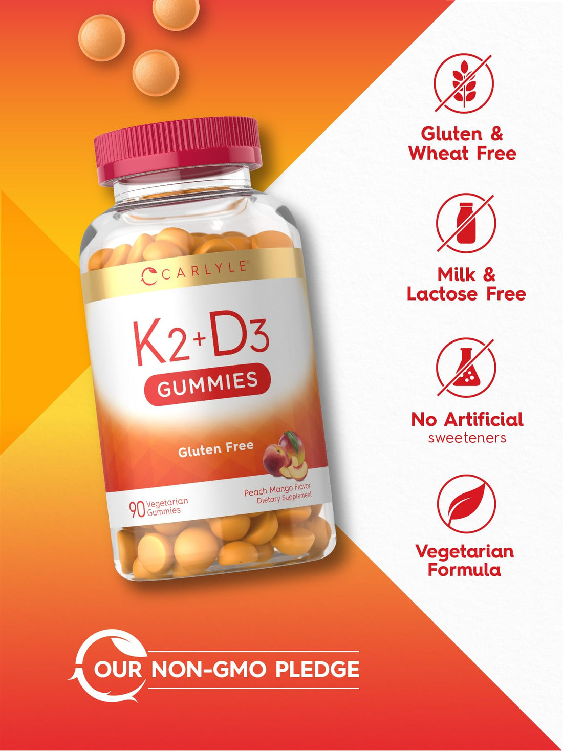 Carlyle Vitamin D3 K2 Gummies | 90 Count | 5,000 IU of D3 + 100 mcg MK7 | Vegetarian, Non-GMO, and Gluten Free Vitamin Supplement