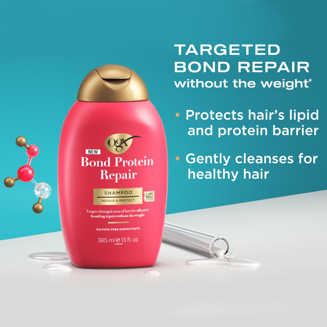 OGX Repair & Protect Bond Protein Shampoo, Lightweight Hair Wash Cleanses & Targets Damaged Areas for Effective Bond Repair, Sulfate-Free Surfactants, 13 fl. oz